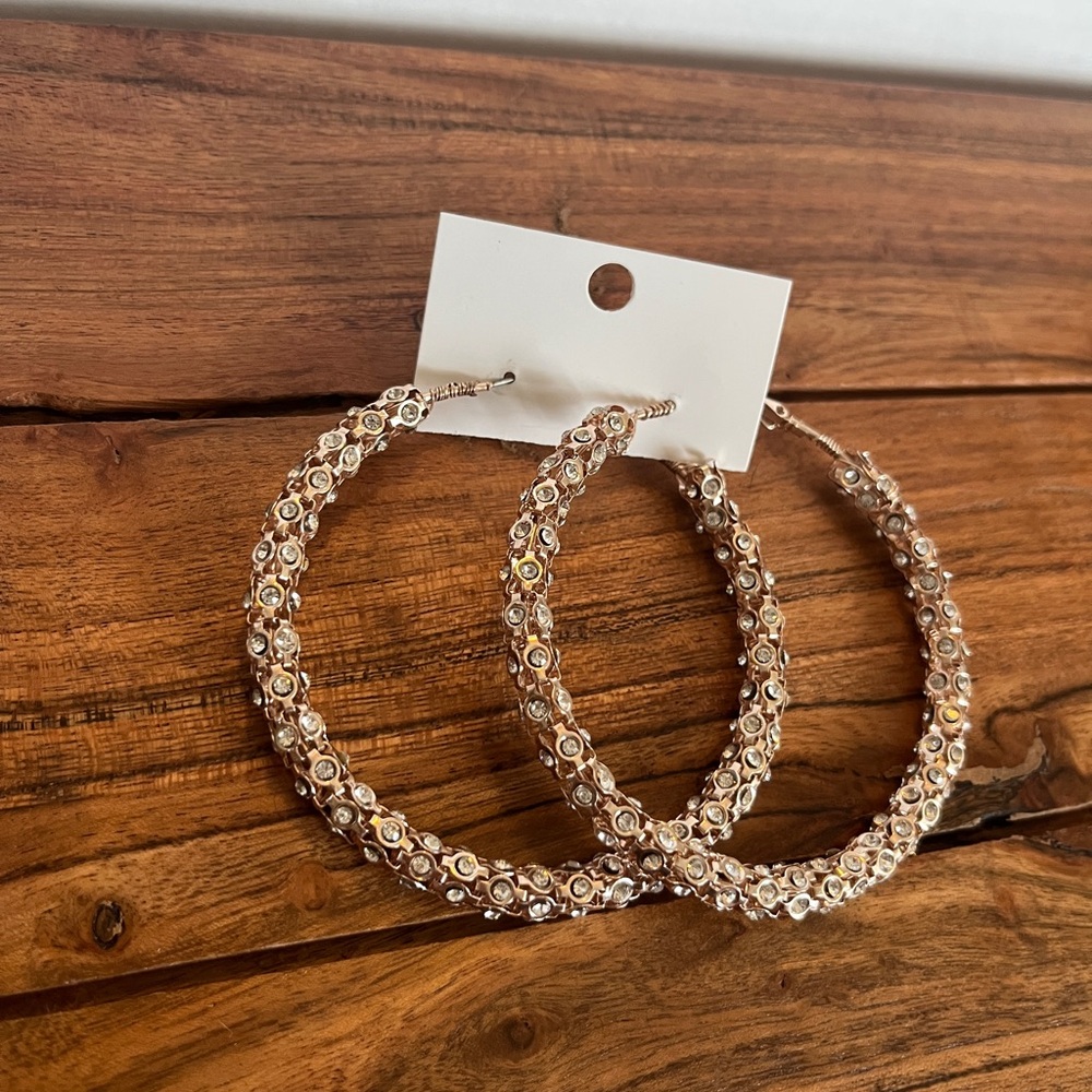 Sparkly Large Gold Rhinestone Hoop Women's Earrings - Picture 4 of 5